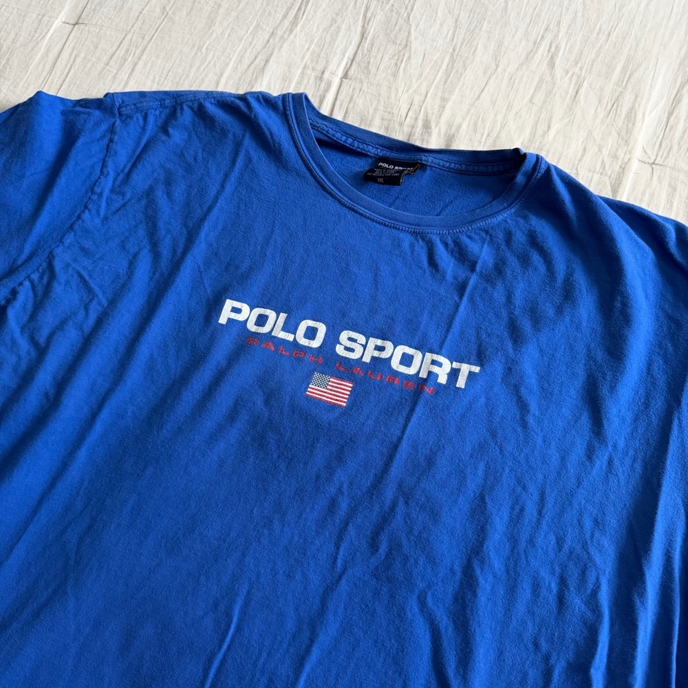 Vintage Polo Sport Ralph Lauren Spell Out Logo USA Flag T-Shirt 90s Y2K‎